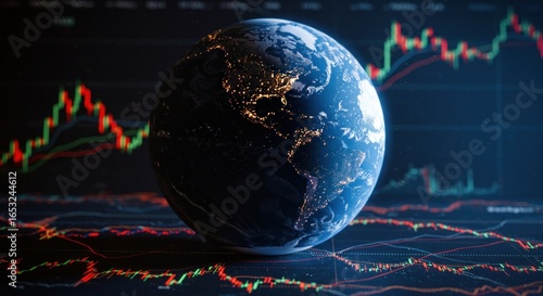 A globe is displayed over a background of stock market charts, suggesting global finance and investment.