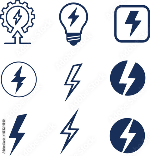 energy icon set. Vector glyph pictograms of lightning bolt, battery, plug, solar panel, wind turbine, power, renewable energy, electrical safety black silhouette illustration