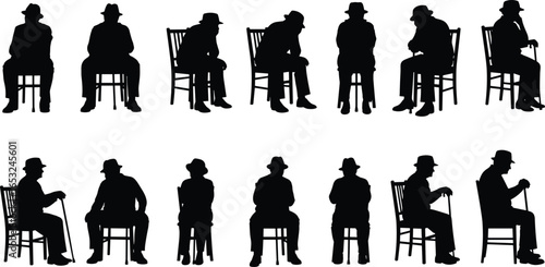 PrinttSilhouette vector illustration of fourteen seated people wearing hats with canes in various poses, perspectives, and postures for design concepts