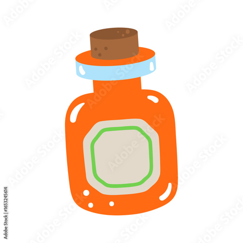 Orange Potion Bottle: A whimsical illustration of an orange potion bottle, featuring a cork stopper and a label for enchanting charm and magical wonder.