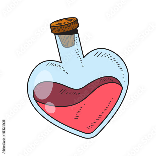 Potion of Affection: A heart-shaped bottle filled with a vibrant potion, its essence alluding to love, warmth, and a feeling of tender emotion. 