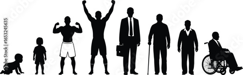 PrintSilhouette vector illustration of human life stages from infancy to old age, showing growth, achievement, mobility changes, and aging process