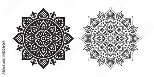 Mandala Flower Vector - Black Geometric Line Art Design