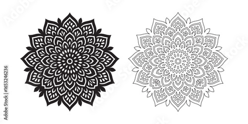 Mandala Flower Vector - Black Geometric Line Art Design