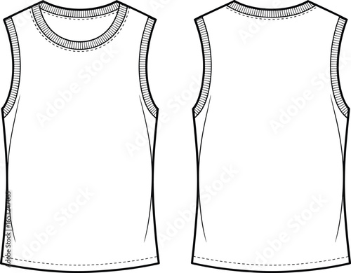 PrintSleeveless tank top vector illustration, front and back technical sketch, unisex fashion template for design, clothing mockup, athletic wear, summer apparel outline