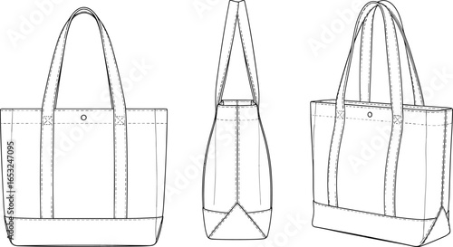 PrintTote bag technical flat sketch vector, front side and perspective view, fashion accessory template, handbag design for apparel and product illustration