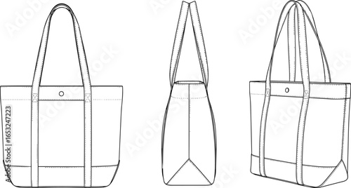 PrintTote bag technical flat sketch, front side view, side view, perspective illustration for fashion accessory and product vector design