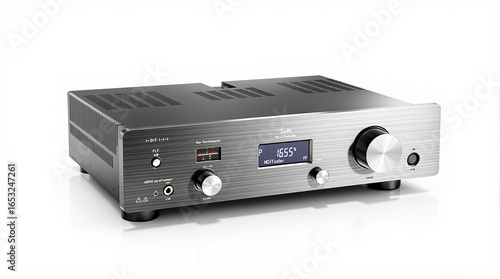Silver Hi-Fi Amplifier with Display and Controls on White