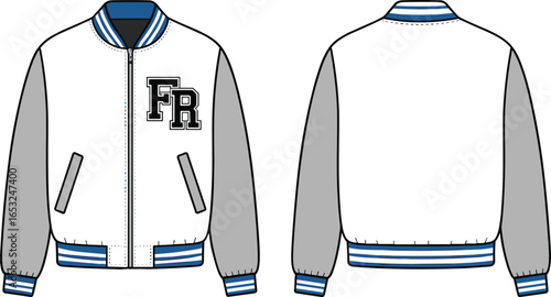 PrintVarsity jacket vector, front and back view, letterman bomber jacket illustration, fashion flat sketch, technical drawing for apparel design and branding