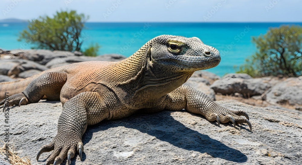 Fototapeta premium Large Desert Iguana Resting on Rocky Terrain Near Ocean Under Bright Sun