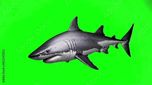 A 3D animation of a great white shark swimming forward with an alert, aggressive posture, isolated on a green screen. Perfect for thriller scenes, ocean documentaries, and underwater animation use.