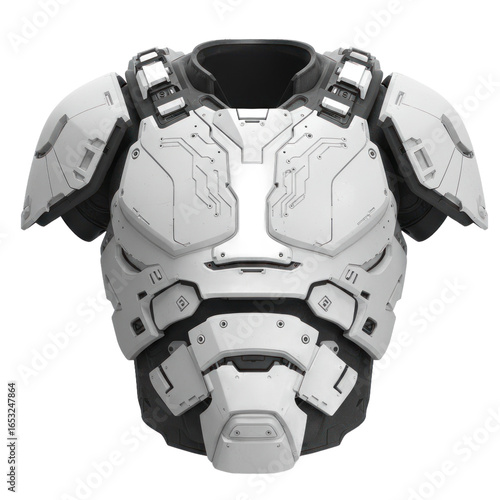 Detailed futuristic body armor, displaying intricate design and a grayscale color palette.