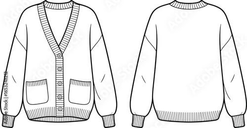 Women’s oversized button-up cardigan fashion flat sketch, front and back technical vector illustration, knitwear clothing template for apparel designers and manufacturers