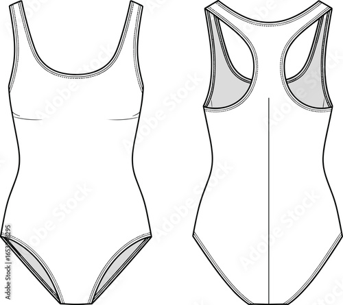 PrintWomen’s scoop neck swimsuit flat sketch, front and back view, one piece swimwear vector, technical fashion drawing, sleeveless design, template illustration