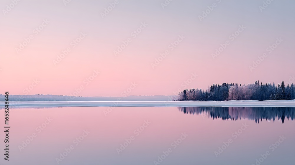 Obraz premium A smooth frozen lake horizon with pale ice tones reflecting a pastel twilight sky