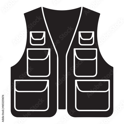Black fishing vest with multiple pockets outdoor apparel. Vector black silhouette. with white background