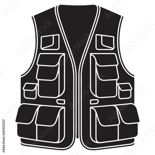 Black fishing vest with multiple pockets outdoor apparel. Vector black silhouette. with white background