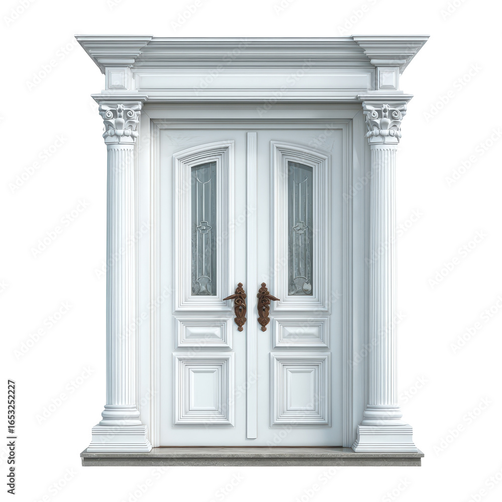 Obraz premium Elegant white double door with intricate designs and columns in a modern architectural setting