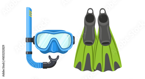 Snorkeling Gear Set: Blue Mask Snorkel and Green Fins for Underwater Exploration.