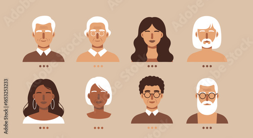Diverse Group of People: Flat Vector Portraits of Varied Ages and Ethnicities.