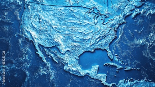 A textured blue map of the United States, highlighting geographical features and topography in a visually striking way.