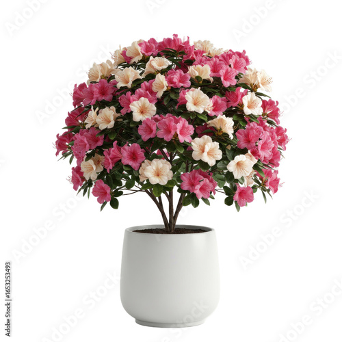 A vibrant azalea plant with pink and cream blossoms sits in a simple white pot, displaying a lovely spring-like scene.