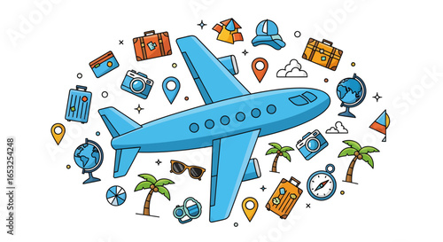 Blue Airplane Surrounded by Travel Icons and Accessories in a Cartoon Style.