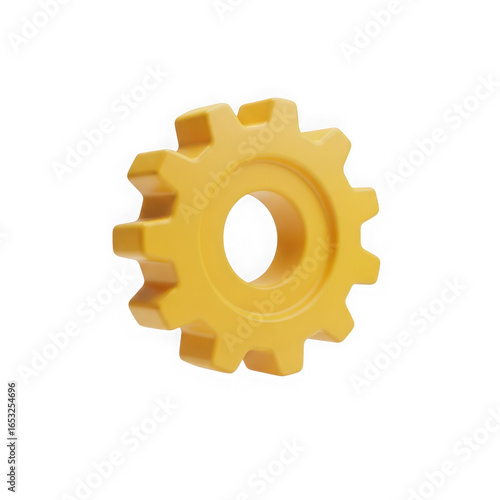 Single yellow gear with central hole isolated on a transparent background for mechanical design isolated on transparent background