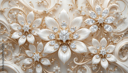 Luxurious 3D White and Gold Floral Design with Diamonds.