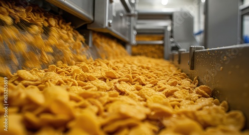 Golden cornflakes cascading down a conveyor belt in a modern food production facility, ready for packaging and distribution