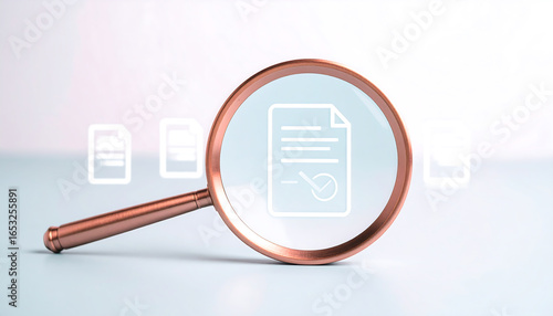 Rose gold magnifying glass focuses on approved document icon; minimalist, clean, corporate style; concept of verification, compliance, and due diligence.