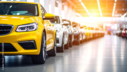 Bright Yellow Car Showroom: Modern Luxury Vehicles in a Sunlit Dealership, Gleaming Finishes, New Car Inventory.