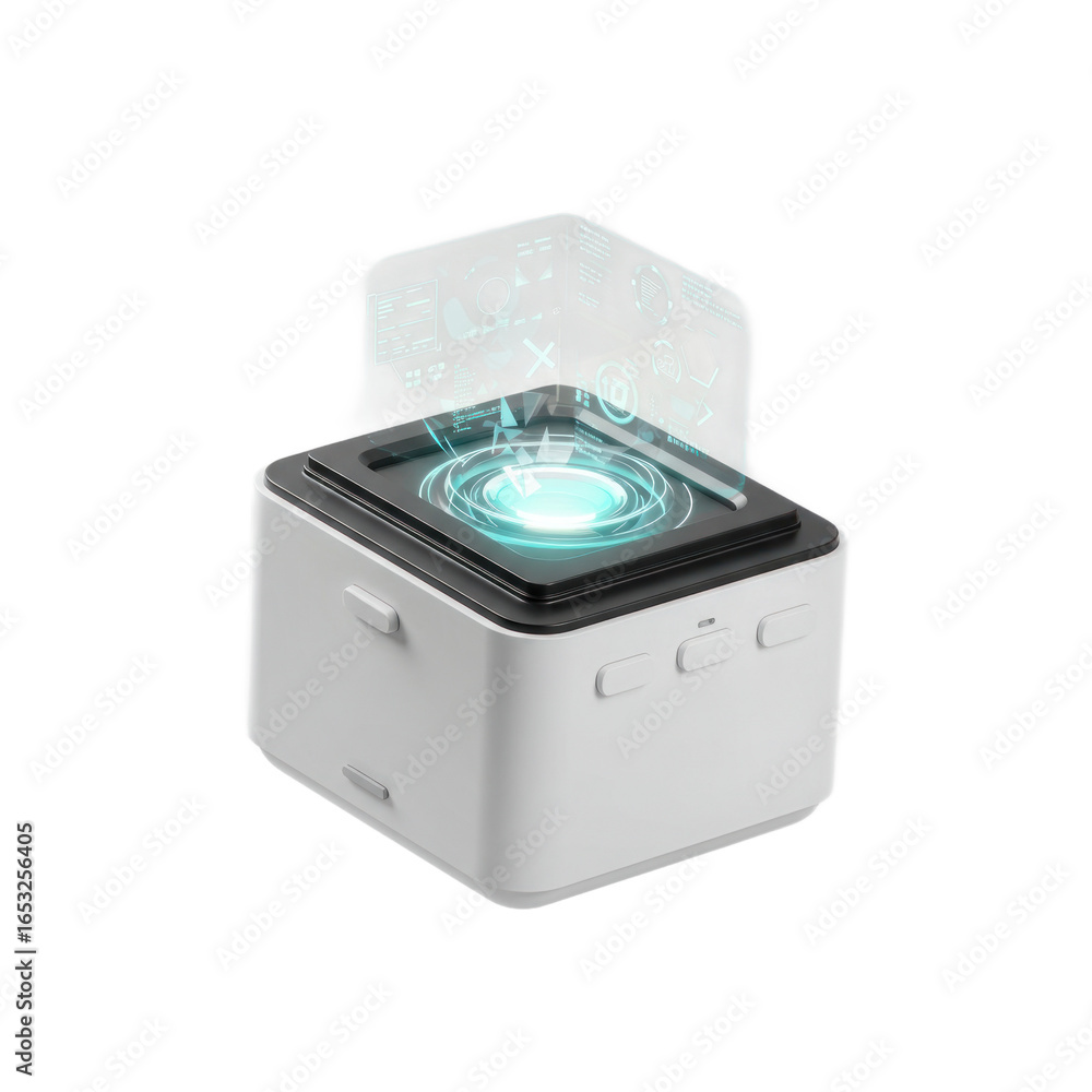 Obraz premium A modern, cube-shaped device showcases a futuristic interface with glowing, translucent displays.