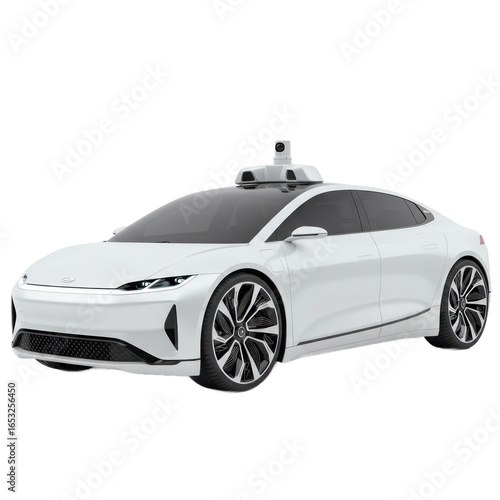A sleek, white autonomous vehicle is prominently displayed, showcasing cutting-edge technology.