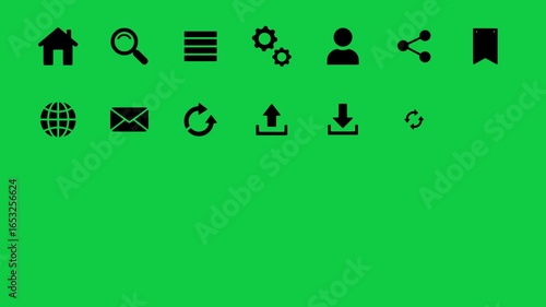 Animated UI Icons Set with Black Flat Design. Modern Motion Graphics on a Chroma Key Green Screen Background, Ideal for App Promotion, Website Explainer Videos, and Business Presentations Alpha