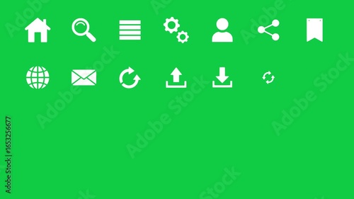 Animated UI Icons Set with White Flat Design. Modern Motion Graphics on a Chroma Key Green Screen Background, Ideal for App Promotion, Website Explainer Videos, and Business Presentations Alpha