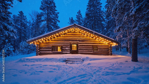 Wallpaper Mural Rustic Log Cabin with Warm Lights in Snowy Winter Forest at Night Torontodigital.ca