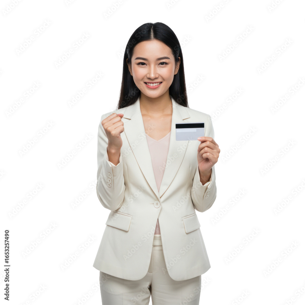 A confident woman in a light beige suit holds a credit card, expressing a sense of success and accomplishment. A confident woman in a light beige suit holds a credit card, expressing a sense of success and accomplishment.