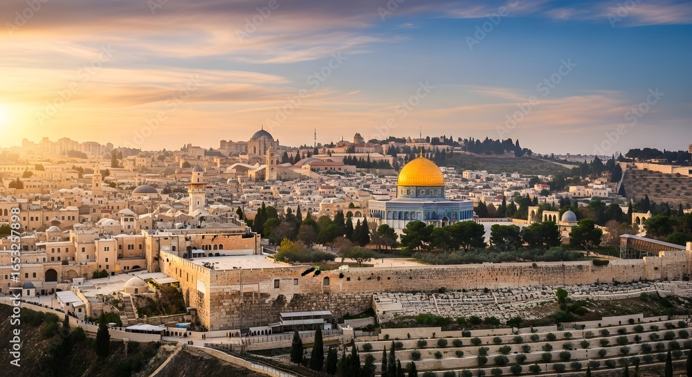 Obraz premium Historic Sunset Panorama, Dome of the Rock, Jerusalem, Landscape Photography, Urban Environment, Aerial View, Cultural Heritage