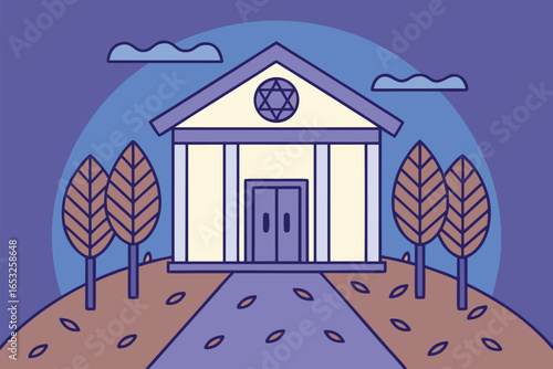 Simple Cartoon Synagogue Building with Autumn Trees and Falling Leaves jewish judaism