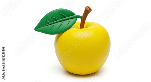 3D yellow apple with green leaf and stem, isolated on white background in cartoon style.