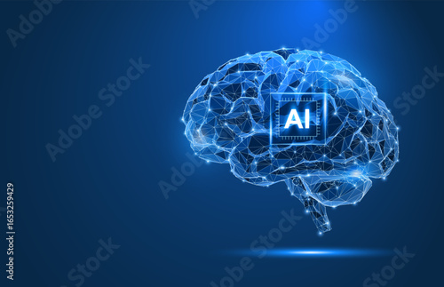 Futuristic AI brain with chip, processor, and circuit in polygon vector design. Abstract technology background. Data, digital intelligence, machine learning, robot, and computer network concepts.