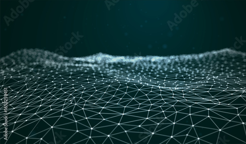 Abstract background with glowing wave, sea, and water. Dots, lines, and triangular polygons. Futuristic digital pattern, data network, technology mesh. Dark vector concept of science, cyber space flow