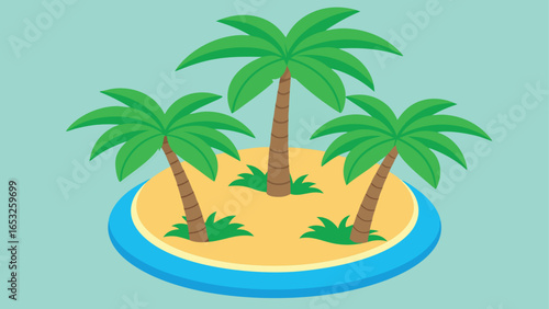 Three Palm Trees on a Small Sandy Island Surrounded by Blue Water tropical beach