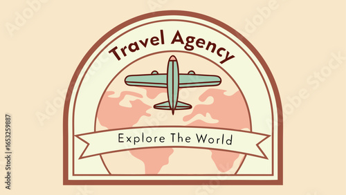 Travel Agency Emblem with Airplane World Map and Slogan badge logo