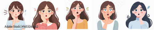 Cute Illustration of Surprised Woman Expressing Shock Reaction Facial Emotion Set