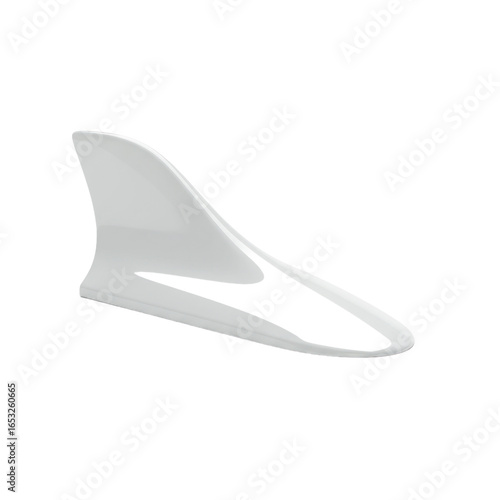 A sleek, white automotive antenna fin is displayed against a stark black background.