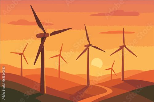 Wind farm at sunset vector
