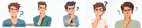Cute Flat Young Man Thinking Poses with Question Mark Illustration Design