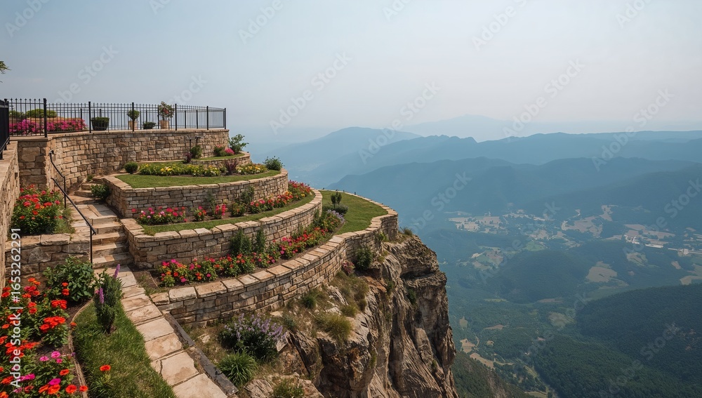 Obraz premium A tiered garden built into a mountainside overlooking a vast valley.